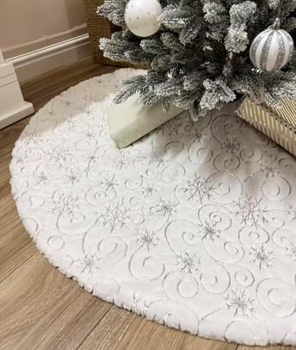 36 Inch Sequin Faux Fur Christmas Tree Skirt for Christmas Tree Decorations White Plush Silver Sequin Snowflake Tree Skirt by AISENO