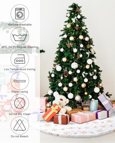 COOLWUFAN 48 Inches Faux Fur Christmas Tree Skirt for Xmas Tree Holiday Party Decoration White Plush Gold Sequin Snowflake (Gold) - Image 6
