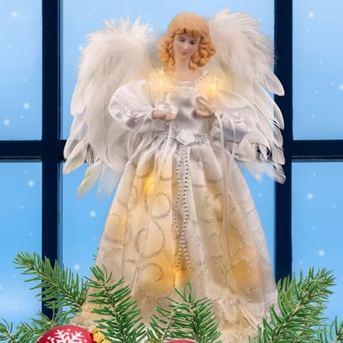 Christmas Tree Topper with Lights | 12.5 inch White Angel Tree Topper by Rcrirth