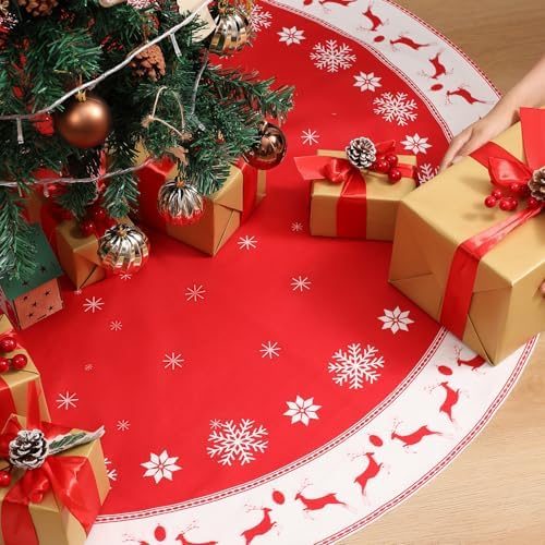 Multiwins Christmas Tree Skirt 48 inch, Large Snowflake Reindeer Red Xmas Tree Skirt, Thick Flannel Fabric, Best Christmas Decorations for Winter New Year - Image 2