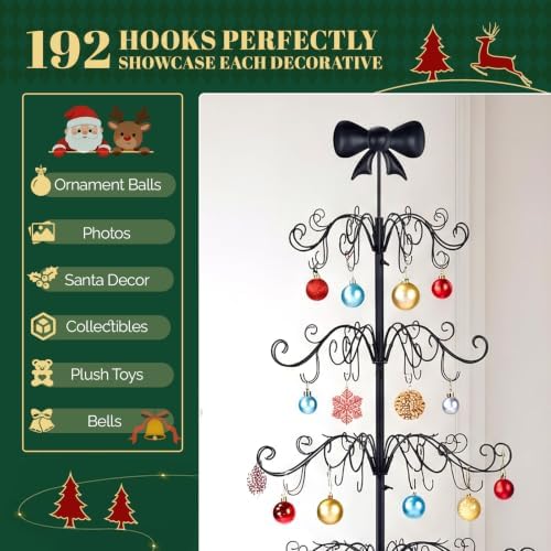 VINGLI 6ft Metal Christmas Ornament Tree Stand w/Bow Topper, 192 Branches, Decorative Iron Display Tree for Hanging Ornaments, Wrought Iron Christmas Tree Decoration for Holiday Home Decor, Black - Image 3