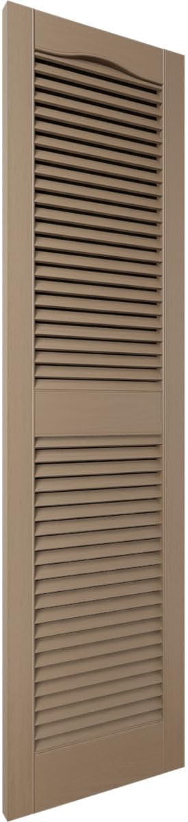 14 1/2"W x 31"H Lifetime Vinyl, Standard Cathedral Top Center Mullion, Open Louver Shutters, w/Installation Shutter-Lok's & Matching Screws (Per Pair), French Roast