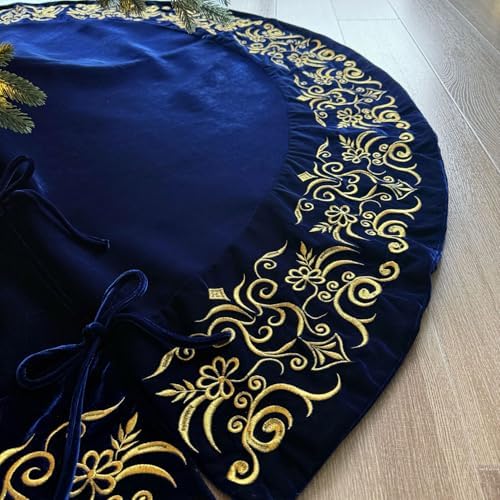 72-Inch Victorian Velvet Christmas Tree Skirt with Gold Damask Embroidery and Plush Lace Ties, Royal Blue - Image 5