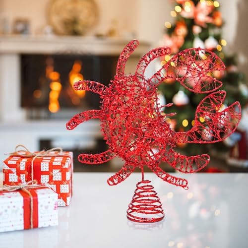 JellyArch Crab Christmas Trees Topper Coastal Christmas Tree Decoration 10in Glittered Red Crab Decoration Large Rattan Nautical Tree Topper for Xmas Home Beach Indoor Holiday Winter Gifts - Image 3
