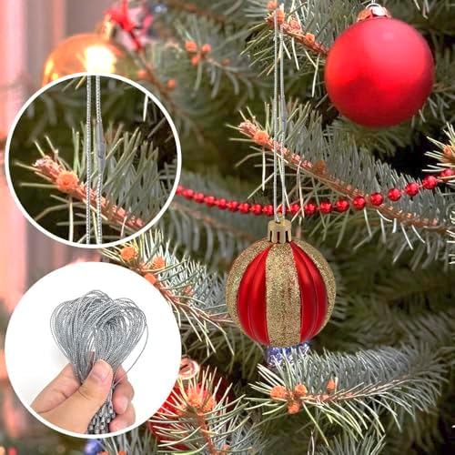 Christmas Hooks for Ornaments, 200 PCS Silver Christmas Ornament String Ribbon Hangers with Snap Hanging Ropes Hooks Cords Locking Xmas Holiday Tree Decorations Toddler Proof Adjustable Pendant - Image 7
