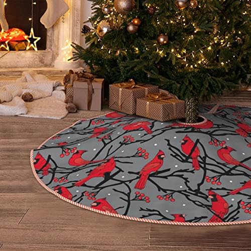 Christmas Tree Skirt 48 inches Red Birds Cardinals and Berries Winter Scene Gray Xmas Tree Skirts Mat Farmhouse Rustic Xmas Holiday Indoor Party Outdoor Decoration by DKJlitter