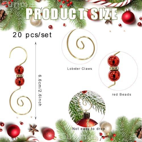 20 Pcs Ornament Hooks Hangers Christmas Decorative Hanging Gold Stainless Wire with Red Acrylic Crystal Jeweled for Crafts Xmas Tree Decoration - Image 2