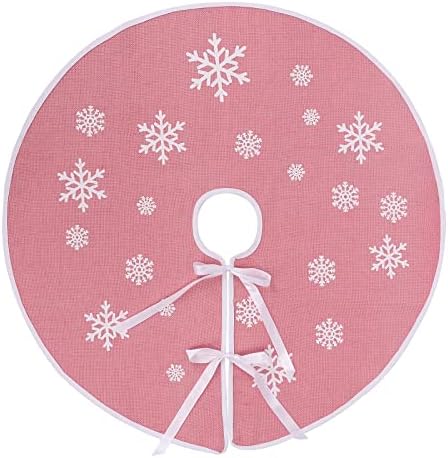 N&T NIETING Christmas Tree Skirt, 30 Inch Rustic Burlap Tree Skirt with White Snowflakes Printed Tree Mat Xmas Tree Holiday Decoration, Pink by NTNIETING