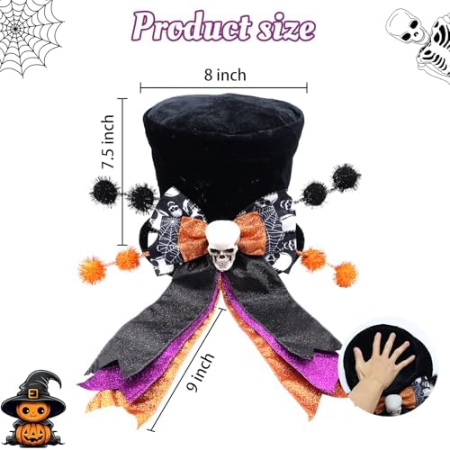 Halloween Tree Topper Hat with Wired Bow, Black Velvet Top Hat with Skull - Image 4