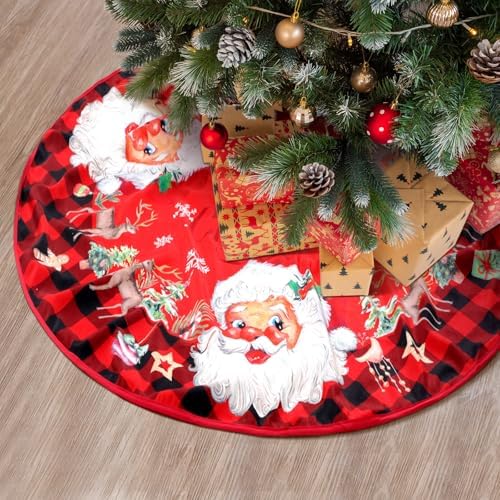 Vintage Santa Claus Christmas Tree Skirt 48 Inch Red Buffalo Plaid Xmas Tree Skirt with Santa Reindeer Snowflake for Indoor Outdoor Farmhouse Merry Christmas Holiday Party Decor by Lunmon
