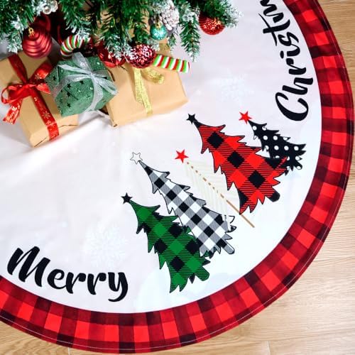 Multiwins Christmas Tree Skirt 48 Inch Red Rustic Xmas Tree Skirt with Snowflake, Black Red Buffalo Plaid Christmas Tree Skirt Ornaments for Merry Christmas Holiday Party Decorations Indoor Outdoor by multiwins