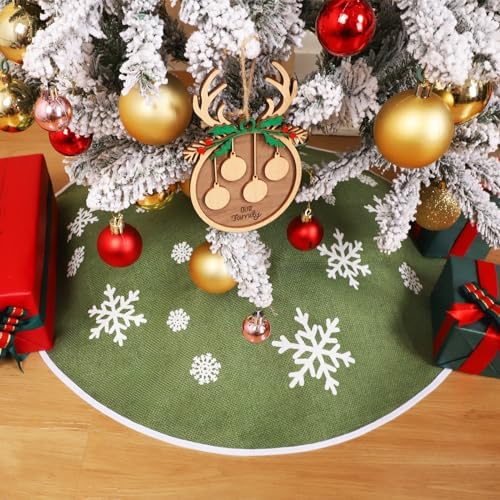 30 Inch Burlap Christmas Tree Skirt with White Snowflakes, Green - Image 2