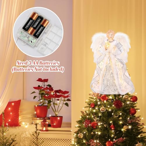 PEEKI Christmas Tree Topper, 15" Angel Treetop with Lights and Remote Control Timer, Christmas Tree Decoration for Holiday Ornament and Home Decor, Silver - Image 2
