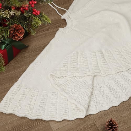 NIBESSER Ivory Knit Christmas Tree Skirt 48" for Christmas Decorations - Yarn Thick Rustic Cable Knit White Tree Skirt Mat for Home Party Holiday Ornaments - Image 3