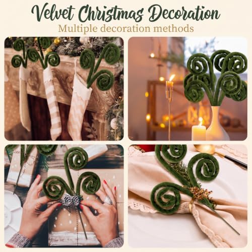 Daifunli 12 Pcs Curly Christmas Tree Picks Velvet Curl Decoration Spiral Curly Tree Topper Ornaments DIY Crafts for Wreath Fireplaces Vase Filler Holiday Ornament, 12 Inch(Brown, Green, Milky White) - Image 6