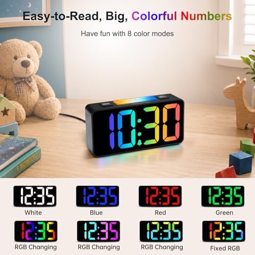 DreamSky Small Digital Alarm Clock with Night Light for Kids Bedroom | RGB Desk Clock with Large Numbers for Teens Boys, Brightness Dimmer, Adjustable Alarm Volume, USB Port, USB-C Adapter Powered - Image 3