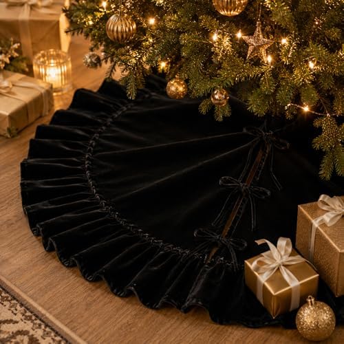 60-Inch Black Ruffled Velvet Christmas Tree Skirt with Bow Ties, Extra Large Vintage Round Pleated Xmas Tree Base Cover for Christmas Holiday Home and Party Decor, 150 cm - Image 3