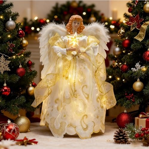 12" Lighted White Angel Christmas Tree Topper with Feather Wings - Image 5