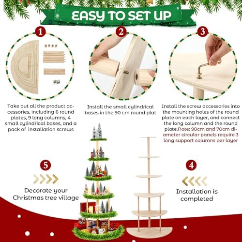 DoubleFill 6 Tier 72 Inch Christmas Tree Village Stand Christmas Bookshelf Display Supply Large Xmas Ornament Displays Tree Stands Xmas Wooden Display Trees Stand for Holiday Displays(Semicircle) - Image 2