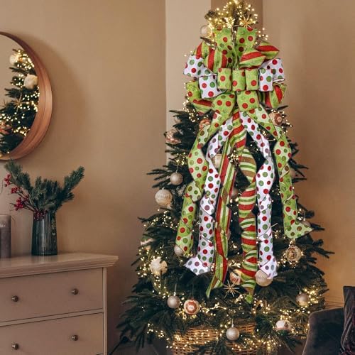 Christmas Tree Topper Wreath Bow Large Green Christmas Bow Tree Topper, Red Green Dot Polyester Gift Bows for Xmas Ornament Holiday Home Thanksgiving Indoor/Outdoor Decoration 45"x13" - Image 5