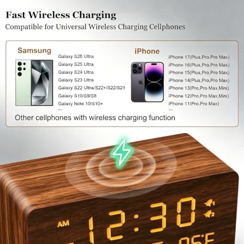 Premium Brown Wooden Digital Alarm Clock with Wireless Phone Charger, Dual USB Charging Ports, Dimmable LED Display, Date and Day of Week, Small Digital Desk Clock for Bedroom Nightstand Bedside Table - Image 4