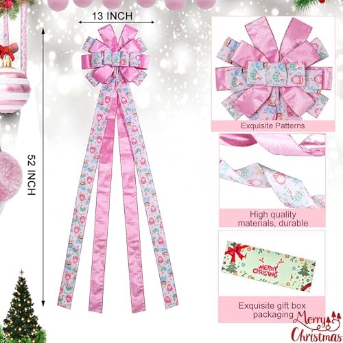 Christmas Tree Topper Wreath Bow Large Pink Christmas Bow Tree Topper 52"x13" Pink Ice Cream Pattern Velvet Ribbon Gift Bows for Xmas Holiday Home Wedding Thanksgiving Indoor/Outdoor Decoration - Image 2