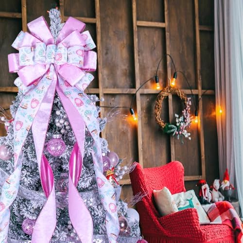 Christmas Tree Topper Wreath Bow Large Pink Christmas Bow Tree Topper 52"x13" Pink Ice Cream Pattern Velvet Ribbon Gift Bows for Xmas Holiday Home Wedding Thanksgiving Indoor/Outdoor Decoration - Image 5