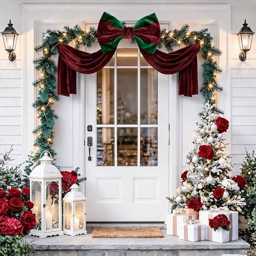 Big Bows, Christmas Decorations, Velvet Christmas Tree Topper Bow, 52 x16 Inch, Giant Christmas Bow Decorations for Home, Wedding, Birthday, Wreath, Door, Wall Decor (Burgundy Green) - Image 3