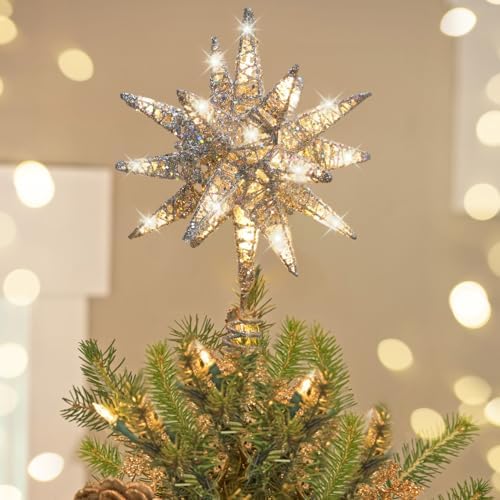 Luxspire Christmas Tree Topper, 3D Starburst Lighted Tree Topper, Plug in Christmas Star with Timer, Light Up Xmas Vintage/Modern Decorations for Holiday, Silver by Luxspire