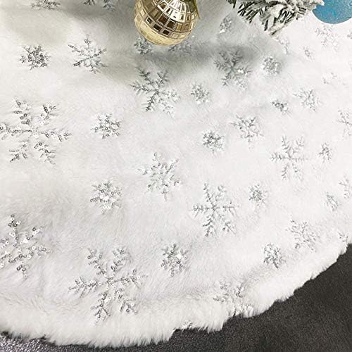 CHICHIC 48 Inch Large Christmas Tree Skirt White Tree Skirt Xmas Faux Fur Tree Skirts Christmas Decorations for Holiday Tree Ornaments Christmas Party Home Decorations with Sequin Silver Snowflakes by CHICHIC