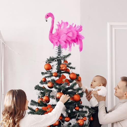 Pink Flamingo Christmas Tree Topper, Fluffy Feather Flamingo Tree Topper, Tropical Summer Tree Ornaments Christmas Tree Decor for Holiday Xmas Party Home (Pink, One Size) - Image 6