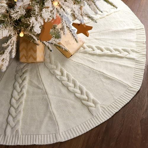 48 inch Christmas Tree Skirt: Multiple Braided Cable Knit Tree Skirt for 7.5ft Tree, Cream White Tree Skirt, Vintage Tree Skirts, Rustic Farmhouse Christmas Decorations - Image 5