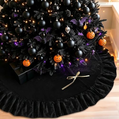48 Inches Velvet Halloween Tree Skirt Decorations Black Luxury Xmas Fur Plush Skirts for Halloween Merry Christmas Party Rustic Vintage Holiday Home Winter by QIJISTORM