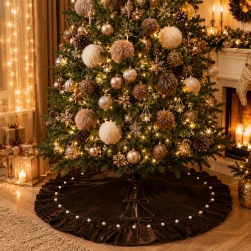 Chocolate Brown Velvet Christmas Tree Skirt 48 Inch – Pearl Beaded Ruffle Trim Xmas Tree Skirt with Bows, Festive Christmas Tree Base Cover for Holiday Party Home Decorations - 122cm - Image 4