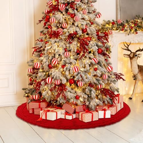 YUJUN 36 Inches Christmas Knitted Tree Skirt Decorations Xmas Large Red Chunky Cable Farmhouse Thick Rustic Tree Skirt for Merry Christmas Tree Holiday Home Party Decoration - Image 4