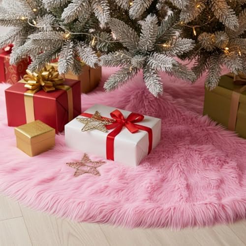 CHICHIC 48 inch Christmas Tree Skirt Faux Fur Xmas Tree Skirt Christmas Decorations Holiday Tree Ornaments Tree Decoration for Christmas Home Decorations, Xmas Party Holiday Decorations, Pink - Image 5