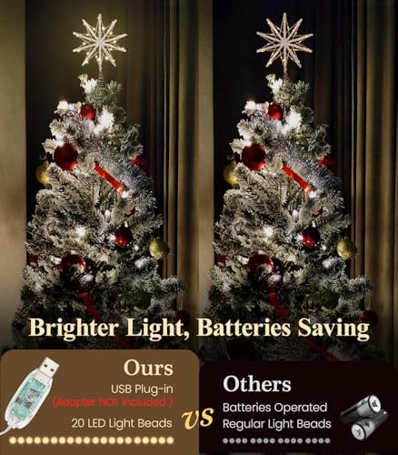 Luxspire Christmas Tree Topper, Lighted Star Tree Topper with USB Remote Control, 10"Clear Metal Christmas Decorations Lights,Light Up Xmas Tree Star Vintage Modern Ornaments for Home Party, Champagne - Image 2