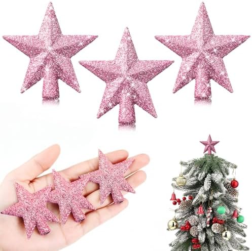 Hanaive 3 Pcs Mini Christmas Tree Topper Small Star Christmas Treetop Ornaments for Mini Tree Holiday Decorative Star for Xmas Home Decor(2.36 Inch,Glitter Pink) by Hanaive