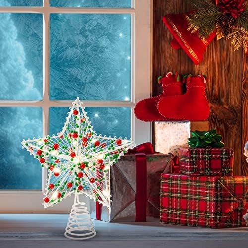 Whaline Christmas Star Tree Topper 8.3 Inch Red Green Berries Dotted 3D Star Treetop LED Lighted Battery Powered Unique Design Xmas Tree Ornament for Christmas Party Indoor Outdoor Home Decoration - Image 7