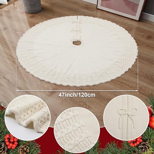 NIBESSER Ivory Knit Christmas Tree Skirt 48" for Christmas Decorations - Yarn Thick Rustic Cable Knit White Tree Skirt Mat for Home Party Holiday Ornaments - Image 2