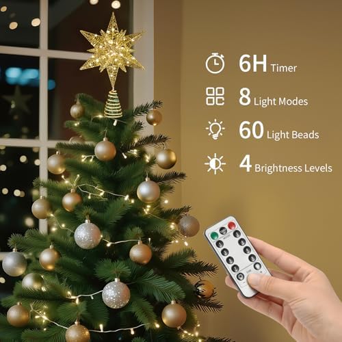 Lewondr Christmas Star Tree Topper, 14.6" Lighted Glitter 3D Star Treetop - Image 2