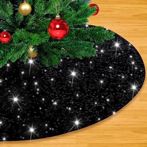 Black Christmas Tree Skirt 36 Inch Halloween Small Sequin Tree Skirt Tree Skirt Cover for 4ft Christmas Tree Decorations by LJIE-House