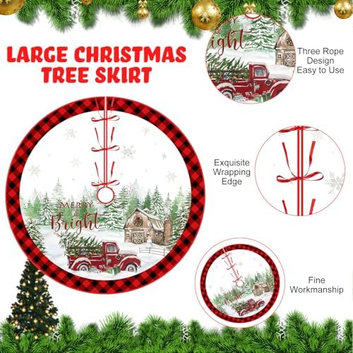 Blosssound Christmas Tree Skirt Buffalo Plaid Retro Red Truck Xmas Tree Skirt for Winter Holiday Farmhouse Christmas Party Decoration (48 Inch,Truck,Red Black) - Image 3