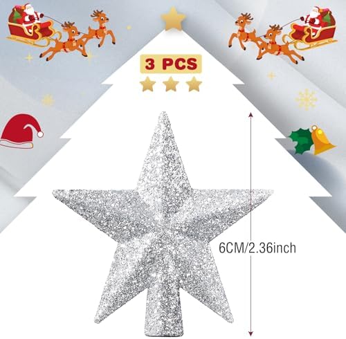 Hanaive 3 Pcs Mini Christmas Tree Topper Small Star Christmas Treetop Ornaments for Mini Tree Holiday Decorative Star for Xmas Home Decor(2.36 Inch,Glitter Silver) - Image 2