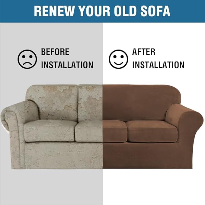 H.VERSAILTEX High Stretch Sofa Slipcover 4 Piece Cover Velvet Furniture Protector Form Fit Thick Velvet Extra Large Sofa Cover for 3 Cushion Couch Width Up to 97 Inch (Large Sofa, Caramel Cafe)