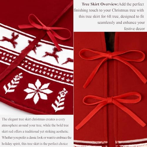 Christmas Tree Skirt 48 Inches | Red Xmas Tree Skirt with Rustic Snowflake & Reindeer Pattern, Fits 5 to 7 Foot Trees, Perfect Christmas Decorations for Holiday Trees. - Image 4