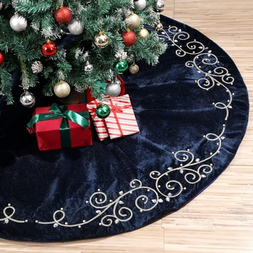 36inch Christmas Tree Skirt Navy Blue Luxury Velvet Plush Fur Skirts Baroque Tree Skirts with Gold Embroidered Pearls and Crystals Xmas Velvet Trees Skirt for Christmas Holiday Party Home Decorations by QOUBAI