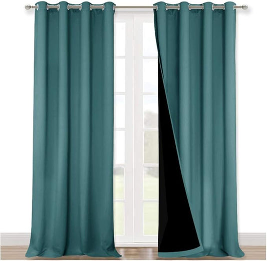 NICETOWN 100% Blackout Blinds, Set of 2, 46" x 96", Sea Teal, Laundry Room Decor Window Treatment Curtains for Large Patio Sliding Door, Thermal Insulated Curtains for Bedroom