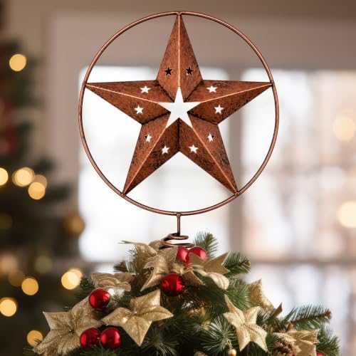 Halloscume Rustic Circle Star Christmas Tree Topper 7.8 Inch Western Christmas Tree Topper Farmhouse Metal Hollow Star Xmas Trees Ornament for Holiday Barn Farmhouse Rustic Country Home Decoration by Halloscume