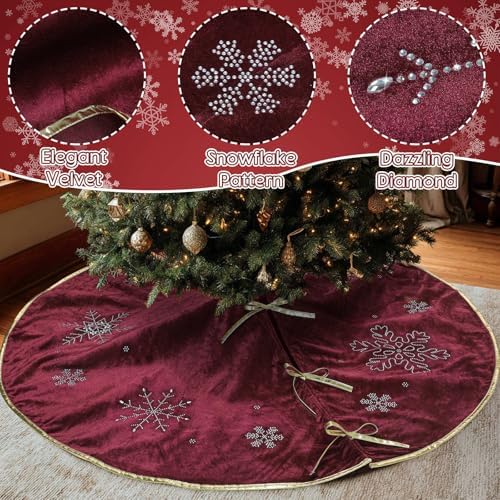 Burgundy Velvet Tree Skirt 60 Inch, Gold Snowflake Rhinestone - Image 4